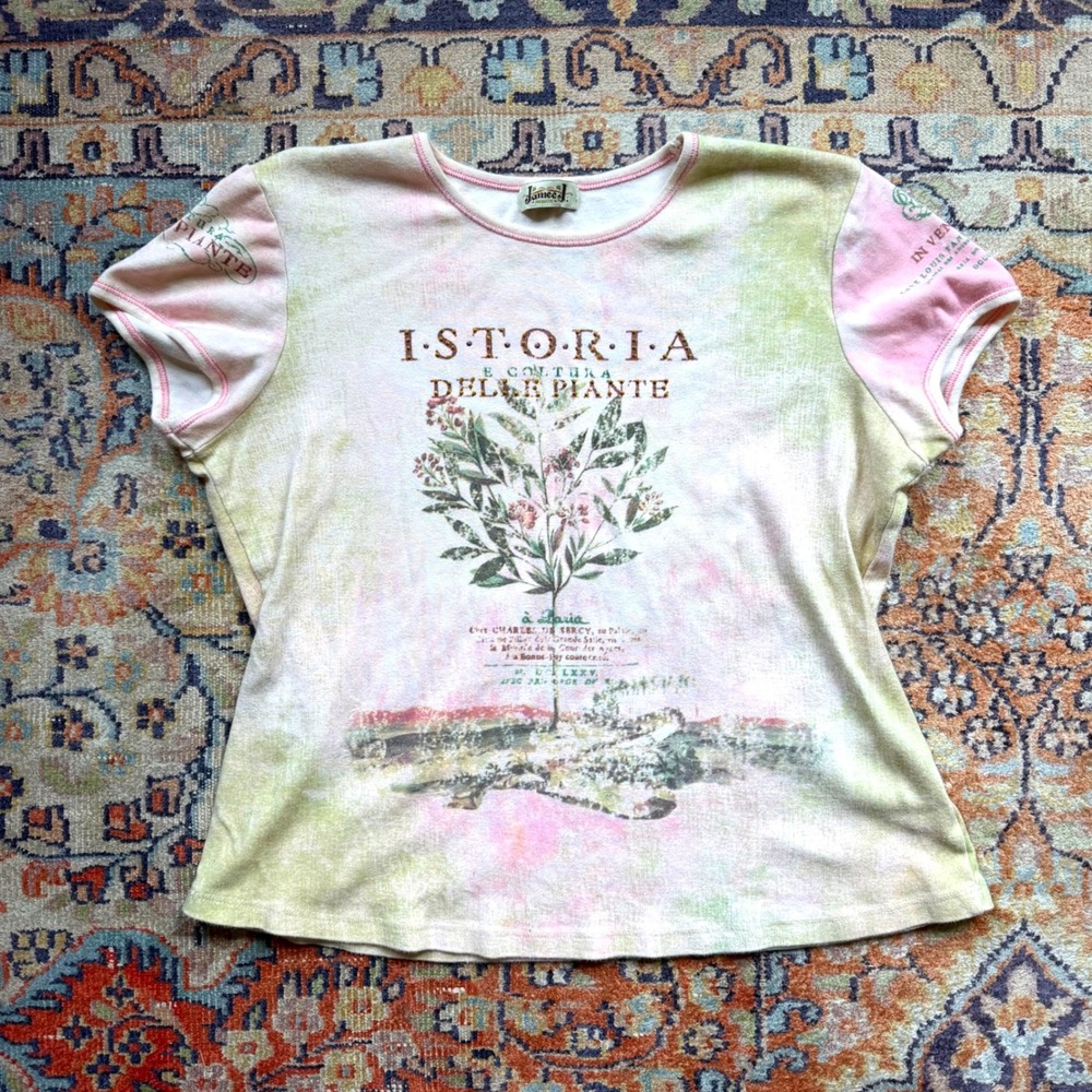 Y2k Vintage Graphic Baby Tee Pink Green Tie Dye T-Shirt Beaded Medium USA